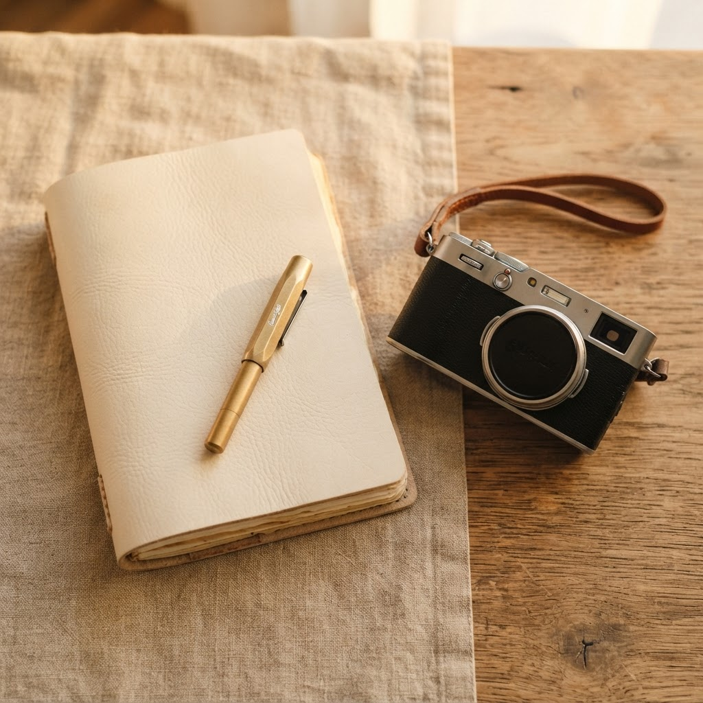 Un carnet en cuir crème avec un stylo, posé à côté d’un petit appareil photo numérique