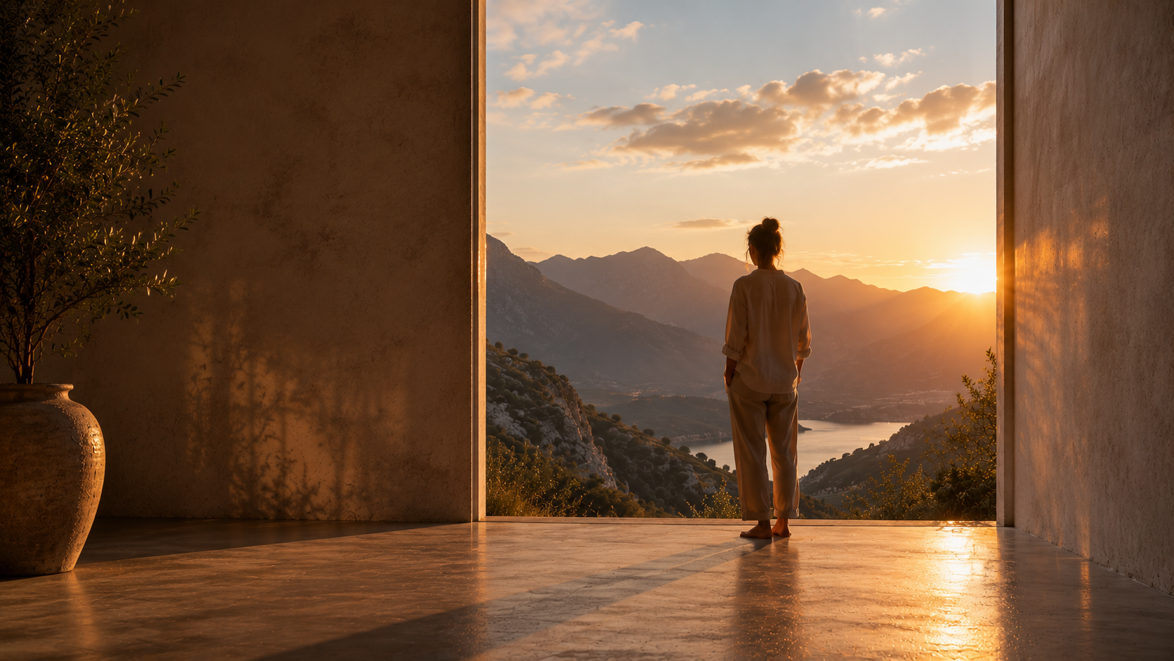Une personne contemplant un coucher de soleil sur les montagnes depuis un seuil ouvert