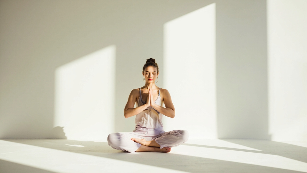 Femme en méditation assise, mains jointes, baignée de lumière