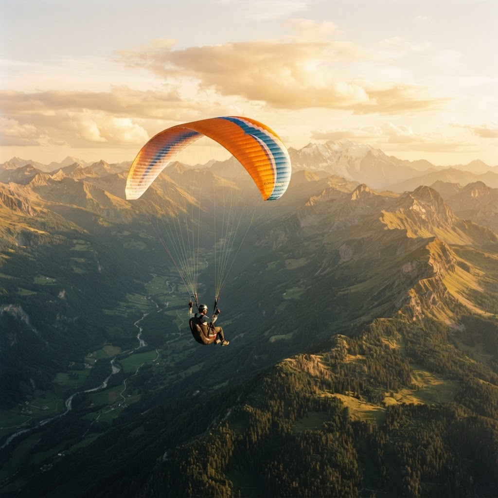 Parapente au-dessus des vallées à la lumière dorée